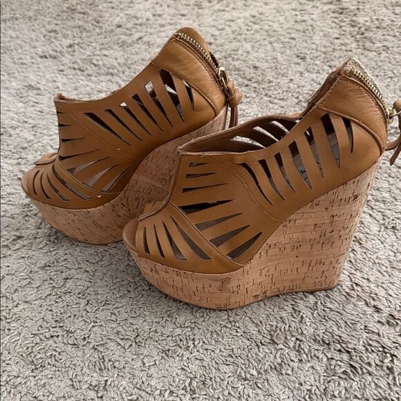Steve Madden Shoes - Steve Madden Tan Cutout Leather Cork Platform Wedges